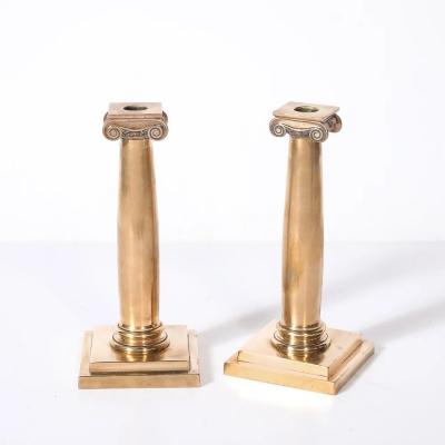  Gorham Manufacturing Co Art Deco Solid Bronze Plinth Base Corinthian Style Candleholders signed Gorham