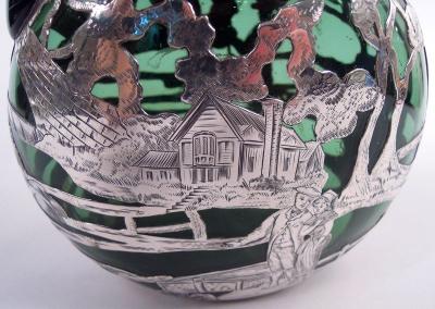  Gorham Manufacturing Co Gorham Green Decanter with Ye Olden Days Pictorial Silver Overlay