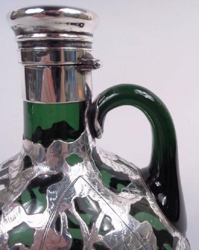  Gorham Manufacturing Co Gorham Green Decanter with Ye Olden Days Pictorial Silver Overlay