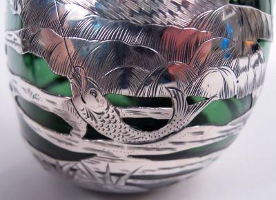  Gorham Manufacturing Co Gorham Green Decanter with Ye Olden Days Pictorial Silver Overlay