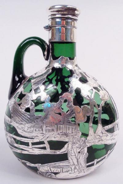  Gorham Manufacturing Co Gorham Green Decanter with Ye Olden Days Pictorial Silver Overlay