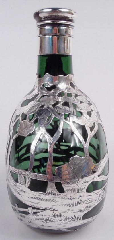 Gorham Manufacturing Co Gorham Green Decanter with Ye Olden Days Pictorial Silver Overlay