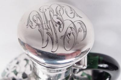  Gorham Manufacturing Co Gorham Green Decanter with Ye Olden Days Pictorial Silver Overlay