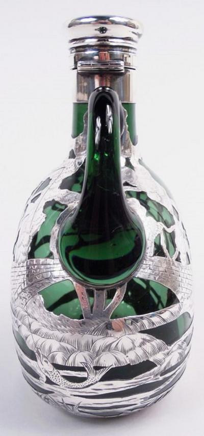  Gorham Manufacturing Co Gorham Green Decanter with Ye Olden Days Pictorial Silver Overlay