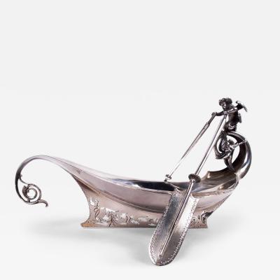  Gorham Manufacturing Co Gorham Sterling Silver Leaf Boat Bowl with Cherub Oarsman 1870