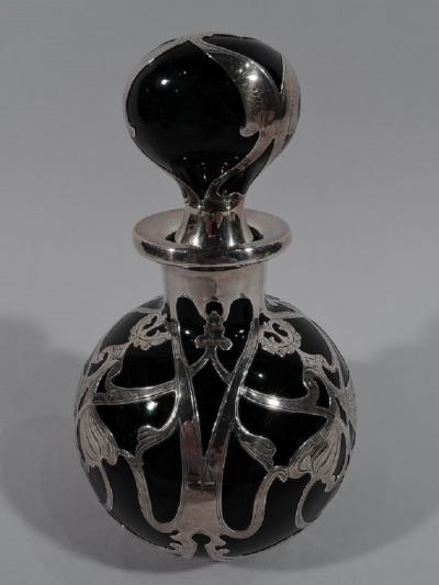  Gorham Manufacturing Co Large Gorham Art Nouveau Green Silver Overlay Cologne Bottle