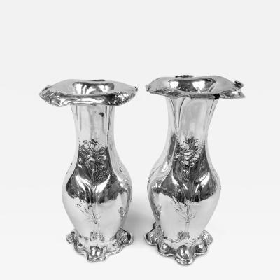  Gorham Manufacturing Co Pair of Gorham Art Nouveau Martele Silver Daisy Vases
