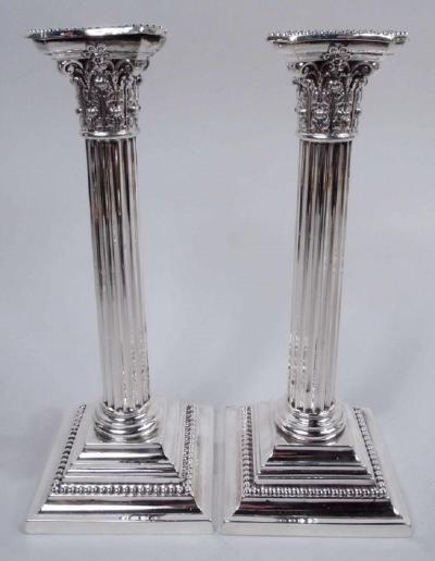  Gorham Manufacturing Co Pair of Gorham Edwardian Classical Sterling Silver Column Candlesticks