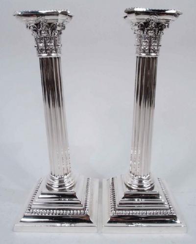  Gorham Manufacturing Co Pair of Gorham Edwardian Classical Sterling Silver Column Candlesticks