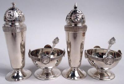  Gorham Manufacturing Co Two Pairs of Gorham Medallion Coin Silver Salt Peppers with Spoons