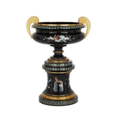  Gr flich Schaffgotsch sche Josephinenh tte A three piece Bohemian enamelled black glass vase garniture set