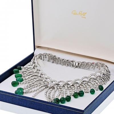  Graff Graff 18K White Gold Green Emerald And Diamond Spray Cascade Sugarloaf Necklace