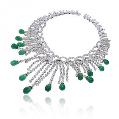  Graff Graff 18K White Gold Green Emerald And Diamond Spray Cascade Sugarloaf Necklace