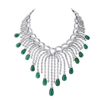  Graff Graff 18K White Gold Green Emerald And Diamond Spray Cascade Sugarloaf Necklace
