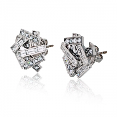 Graff Graff 18K White Gold Threads Baguette And Round Earrings