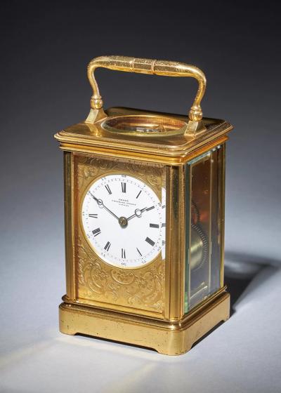  Groh Striking 19th Century Carriage Clock with a Gilt Brass Corniche Case by Groh 