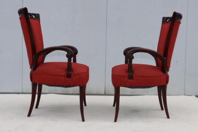  Grosfeld House 1950s Scroll arms mahogany armchairs by Grosfeld House