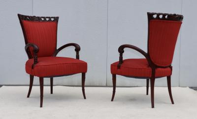  Grosfeld House 1950s Scroll arms mahogany armchairs by Grosfeld House