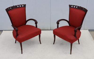  Grosfeld House 1950s Scroll arms mahogany armchairs by Grosfeld House