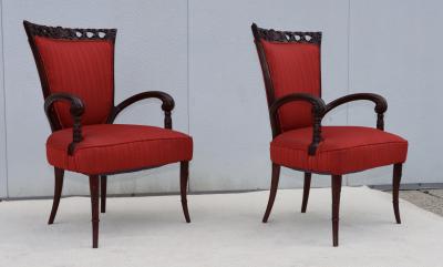  Grosfeld House 1950s Scroll arms mahogany armchairs by Grosfeld House