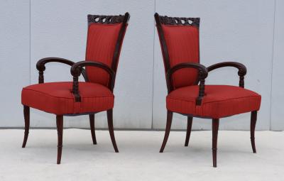  Grosfeld House 1950s Scroll arms mahogany armchairs by Grosfeld House