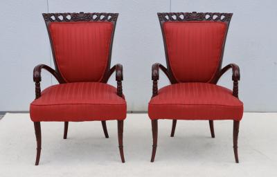  Grosfeld House 1950s Scroll arms mahogany armchairs by Grosfeld House