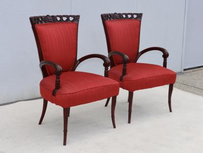  Grosfeld House 1950s Scroll arms mahogany armchairs by Grosfeld House
