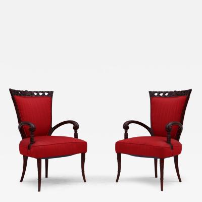  Grosfeld House 1950s Scroll arms mahogany armchairs by Grosfeld House