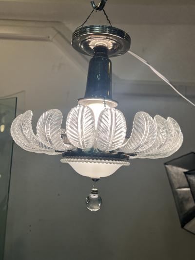  Grosfeld House ART DECO 19 GLASS PLUME WHITE GLASS CHROME CHANDELIER WITH GLASS BALL DROP