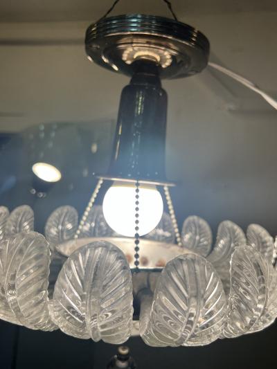  Grosfeld House ART DECO 19 GLASS PLUME WHITE GLASS CHROME CHANDELIER WITH GLASS BALL DROP