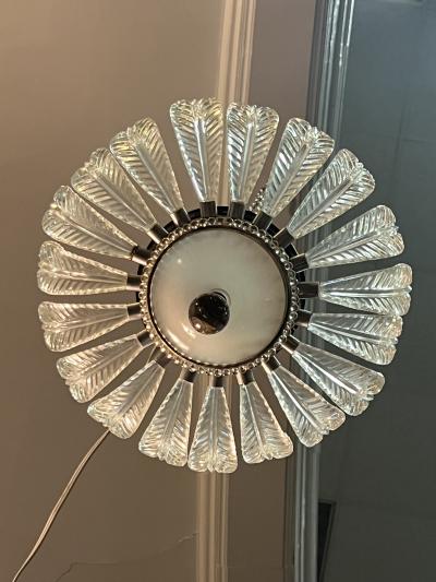  Grosfeld House ART DECO 19 GLASS PLUME WHITE GLASS CHROME CHANDELIER WITH GLASS BALL DROP
