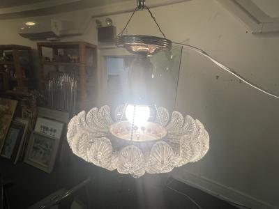  Grosfeld House ART DECO 19 GLASS PLUME WHITE GLASS CHROME CHANDELIER WITH GLASS BALL DROP