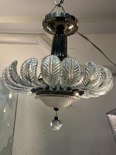  Grosfeld House ART DECO 19 GLASS PLUME WHITE GLASS CHROME CHANDELIER WITH GLASS BALL DROP