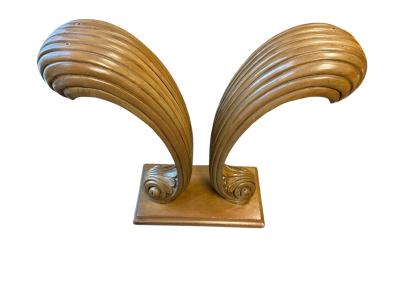  Grosfeld House CLASSIC HOLLYWOOD GROSFELD HOUSE CARVED WOOD PLUME SIDE TABLES CONSOLE PAIR