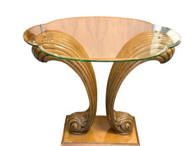  Grosfeld House CLASSIC HOLLYWOOD GROSFELD HOUSE CARVED WOOD PLUME SIDE TABLES CONSOLE PAIR