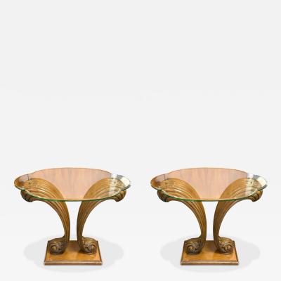  Grosfeld House CLASSIC HOLLYWOOD GROSFELD HOUSE CARVED WOOD PLUME SIDE TABLES CONSOLE PAIR