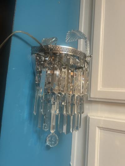  Grosfeld House ELEGANT PAIR OF ART DECO TRIPLE TIER CRYSTAL AND GLASS LEAF SCONCES