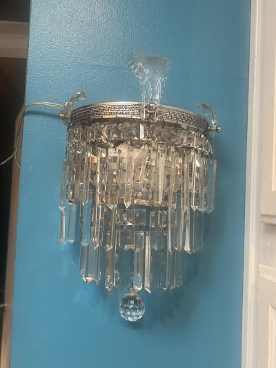  Grosfeld House ELEGANT PAIR OF ART DECO TRIPLE TIER CRYSTAL AND GLASS LEAF SCONCES