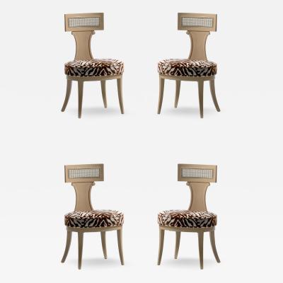 Grosfeld House Grosfeld House Set of 4 Bleached Mahogany Chairs with Tiger Velvet Seats c 1940