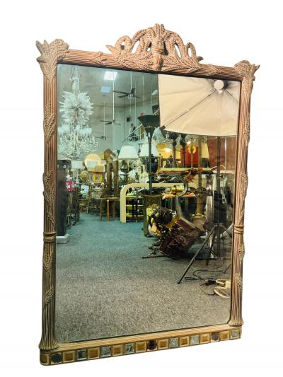  Grosfeld House HOLLYWOOD REGENCY CARVED FRONDS CERUSED OAK WITH MIRRORED SQUARES TRIM MIRROR