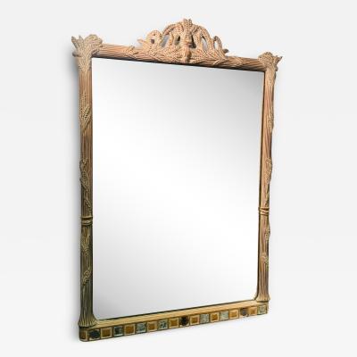  Grosfeld House HOLLYWOOD REGENCY CARVED FRONDS CERUSED OAK WITH MIRRORED SQUARES TRIM MIRROR