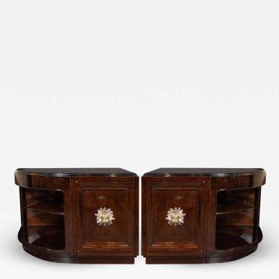  Grosfeld House Pair of Art Deco Walnut End Tables Nightstands w Gilded Pulls by Grosfeld House