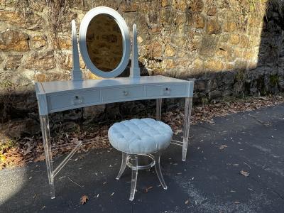  Grosfeld House RARE TOOLED LEATHER AND LUCITE GROSFELD HOUSE VANITY AND LUCITE STOOL