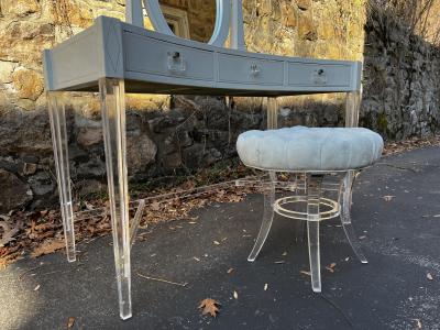  Grosfeld House RARE TOOLED LEATHER AND LUCITE GROSFELD HOUSE VANITY AND LUCITE STOOL