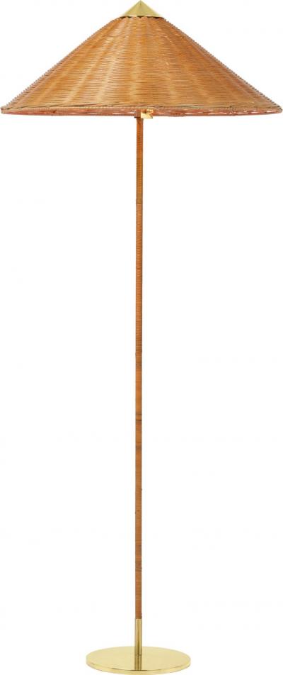  Gubi Paavo Tynell Model 9602 Brass and Rattan Floor Lamp