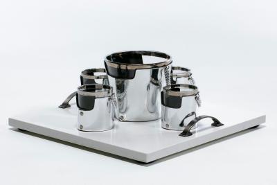  Gucci 1970s Gucci Style Vintage Chrome Smoked Glass Chained Barware Caddy Set