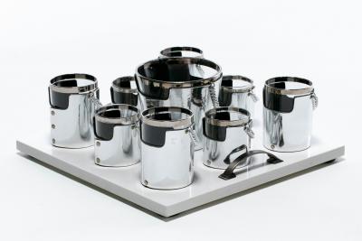  Gucci 1970s Gucci Style Vintage Chrome Smoked Glass Chained Barware Caddy Set