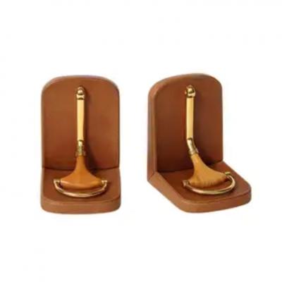 Gucci Gucci Horsebit Bookends Tan Leather Brass Wood Signed