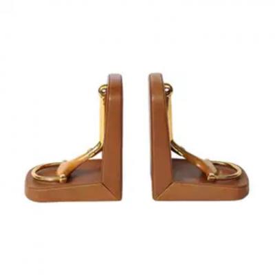  Gucci Gucci Horsebit Bookends Tan Leather Brass Wood Signed