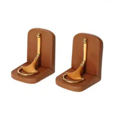  Gucci Gucci Horsebit Bookends Tan Leather Brass Wood Signed